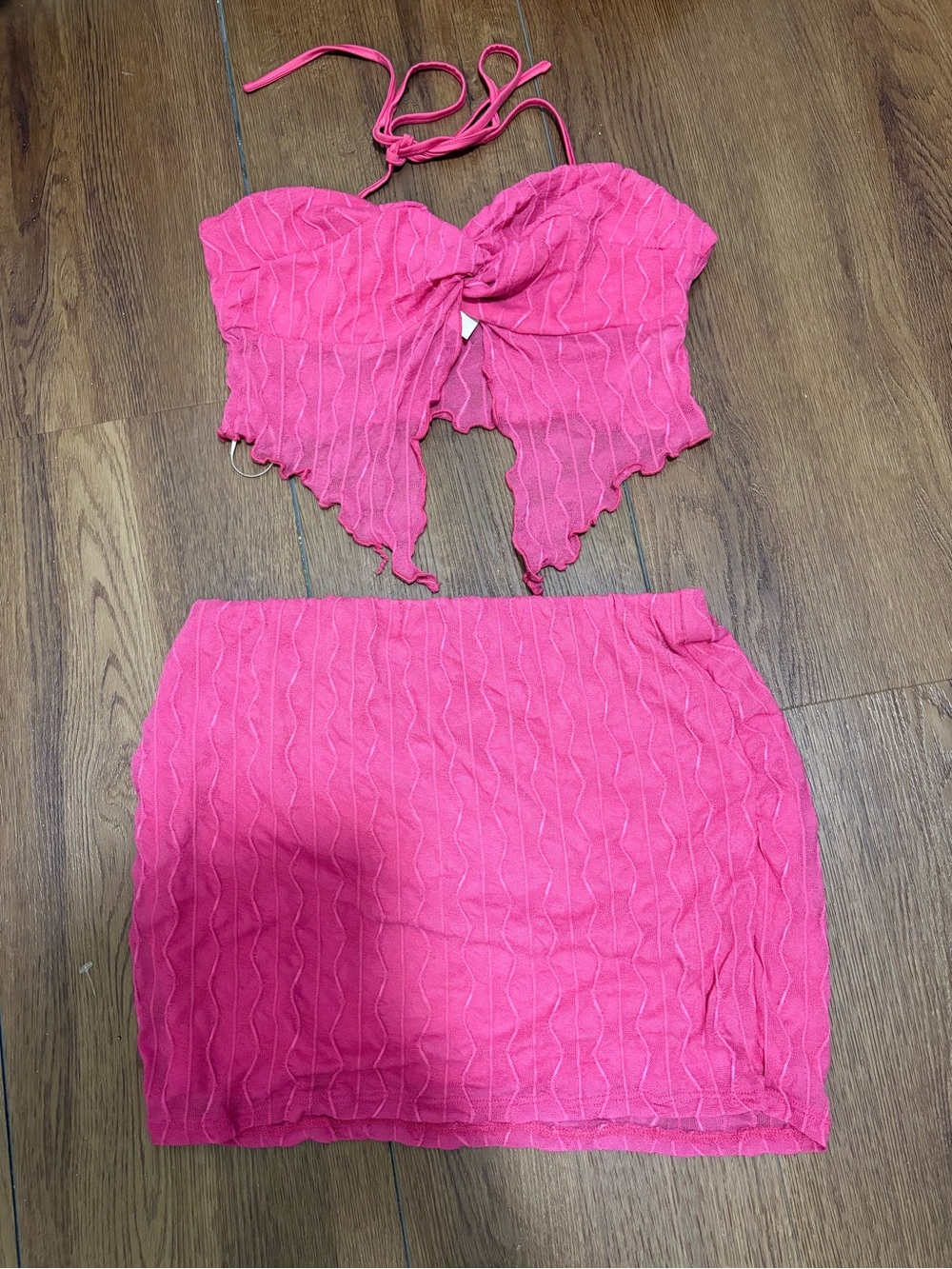 NWT Barbiecore Hot Pink Matching Set Halter Top & Mini Skirt Large Bear Dance